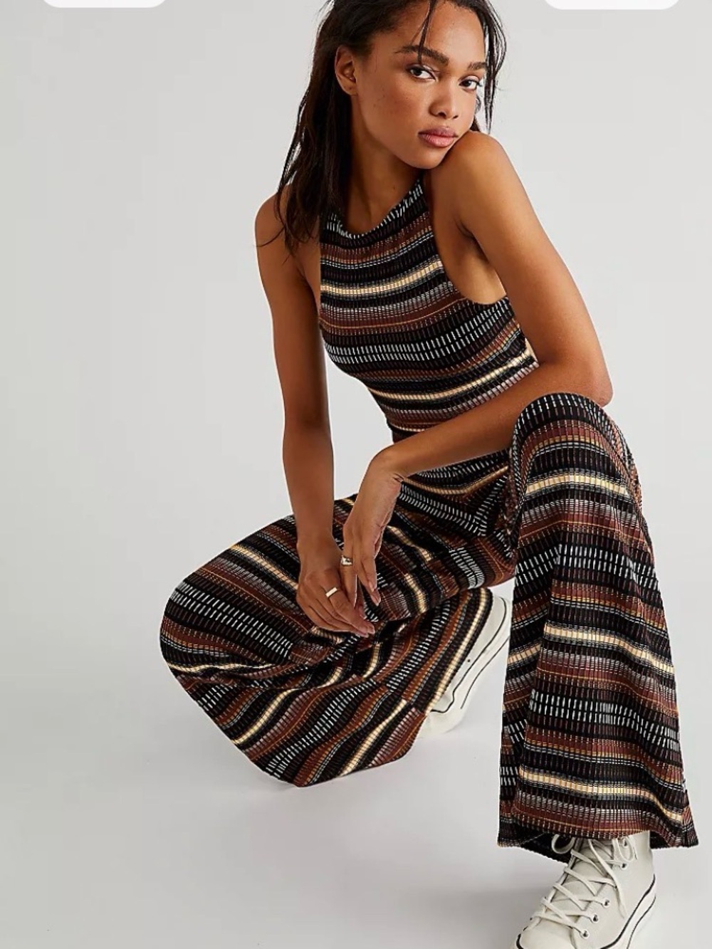 Free People Multicolor Striped Knit Wide-Leg Jumpsuit Cozy Fall 70s Stretch